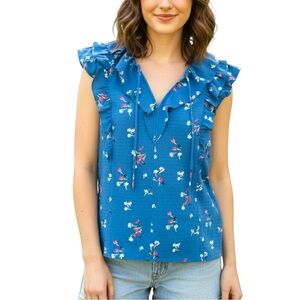 Ann Taylor LOFT Petite Large LP Blue Pink Floral Ruffle Cottage Blouse Top